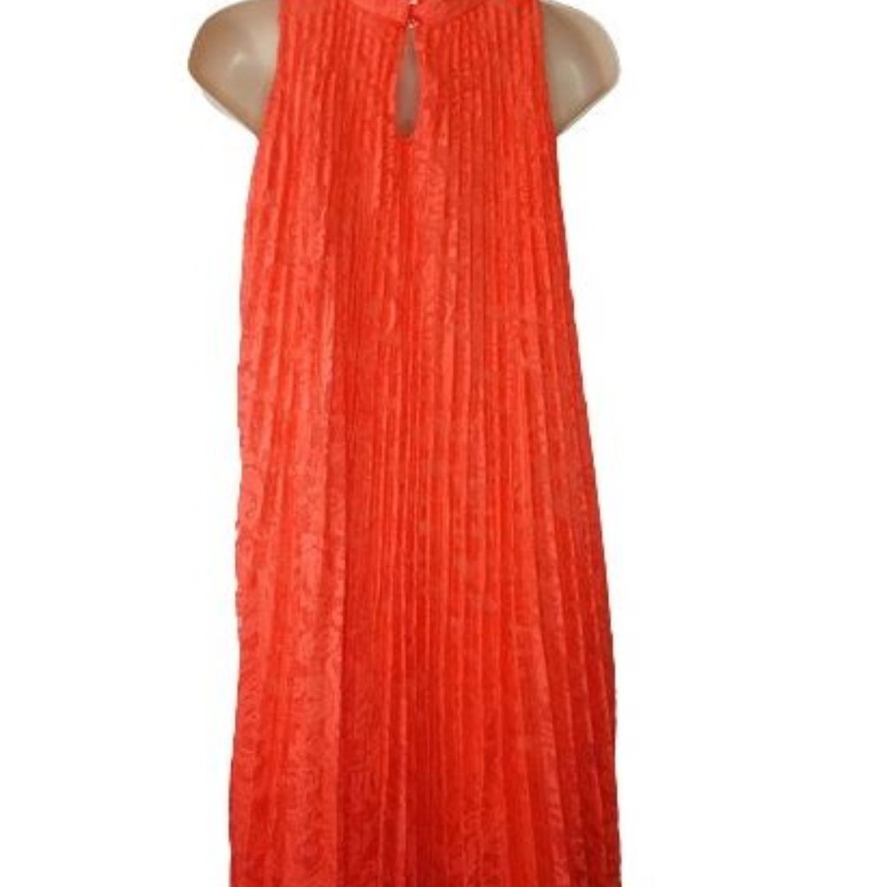 Est 1946 Womens Coral Orange Pleated Floral Lace High Mock Neck Dress - Picture 3 of 3